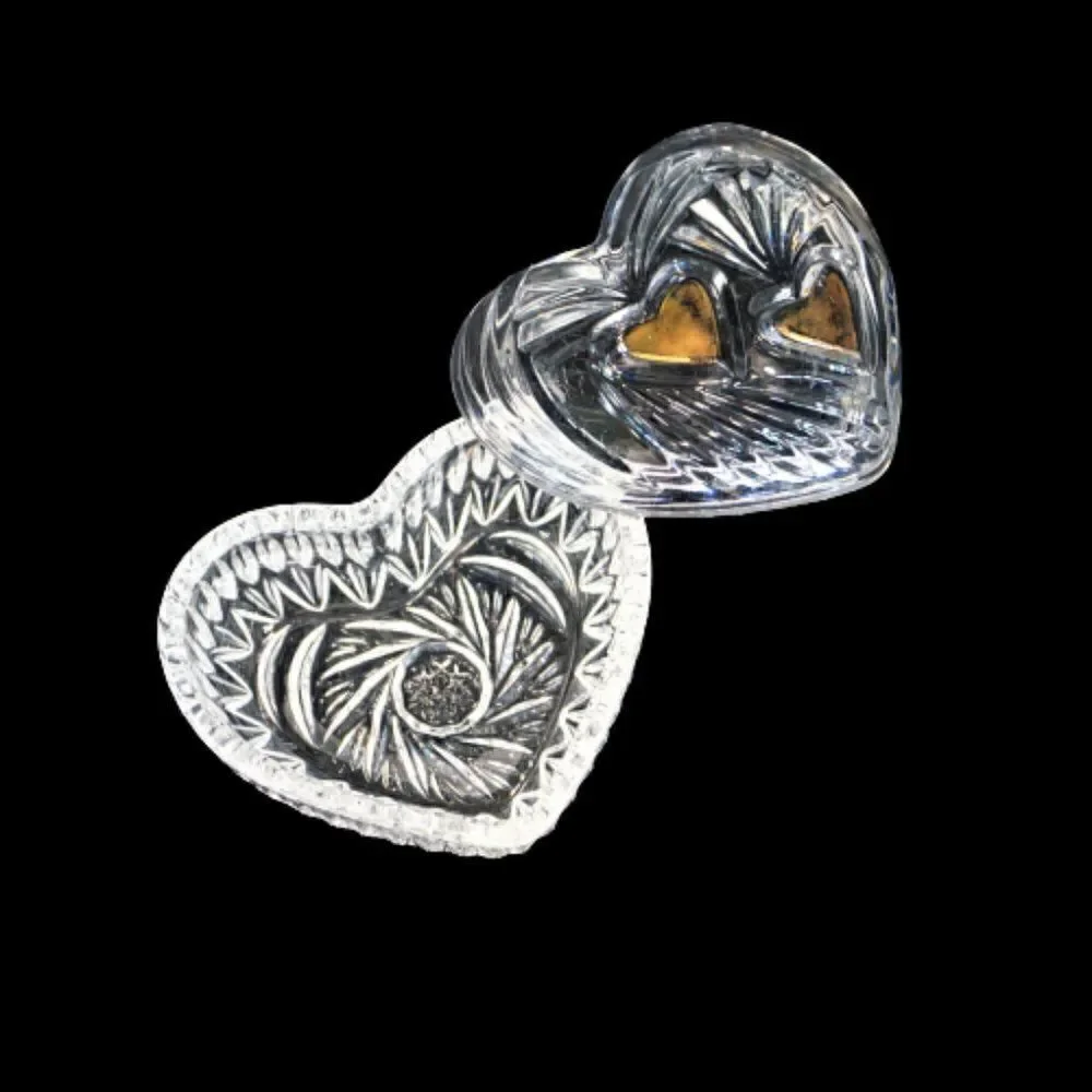Vintage Trinket Dish Heart Shaped Starburst Crystal Cut Glass Jewelry Box